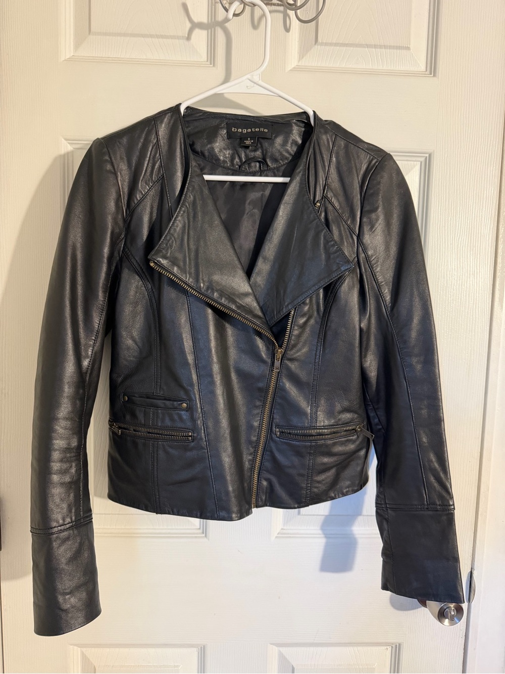 bagatelle Black Leather Asymmetrical Moto Jacket with Zip Pockets